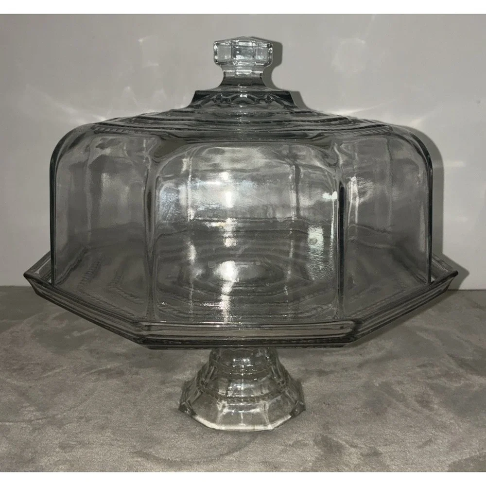 Vintage Cambridge Tuscany Cake Plate Octagon Dome Clear Glass Italy 10in Stand
